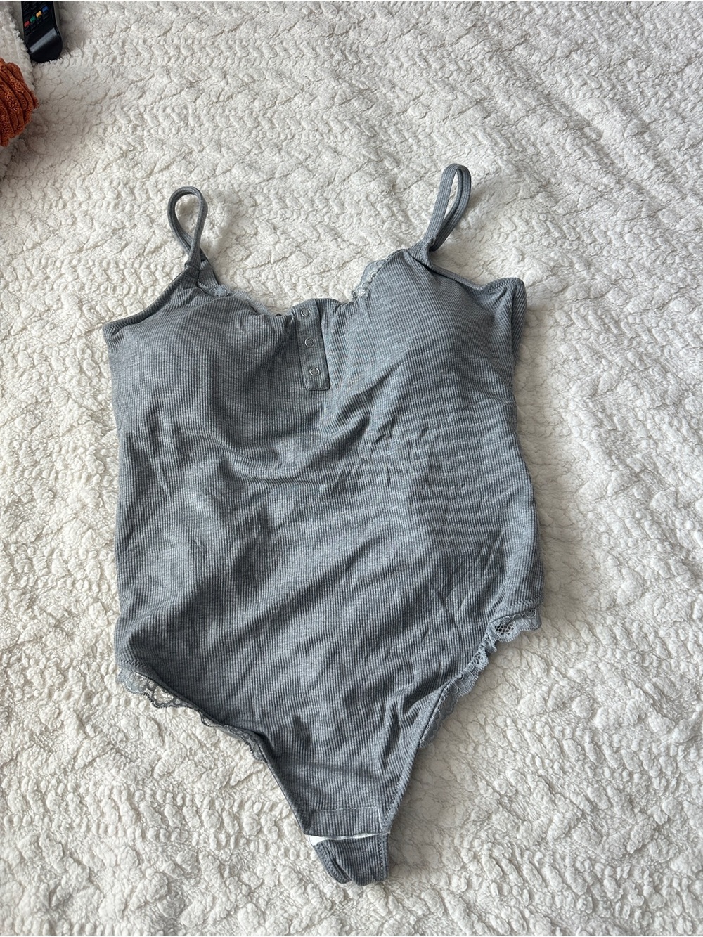 Women's Lace-Trim Ribbed Bodysuit - Grey